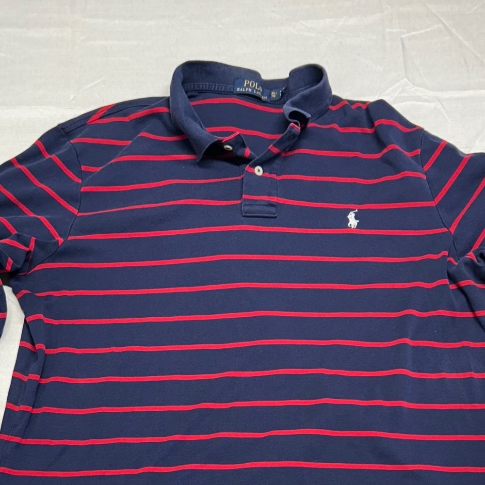Polo Ralph Lauren Mens XL Long Sleeve Striped Polo Shirt Navy Blue Red - Picture 3 of 8